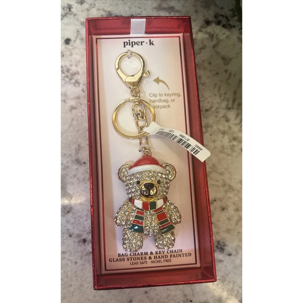 Piper K Bag Charm Keychain Teddy Bear Rhinestone Gold Tone Santa Hat Christmas